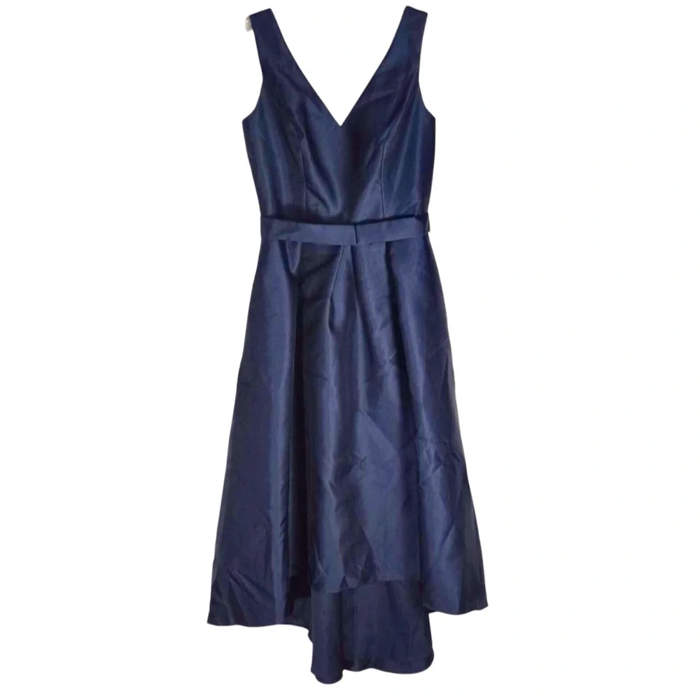 ALFRED SUNG Sleeveless High Low Dress Blue Satin with Pockets Size 8 D723 - Picture 2 of 6